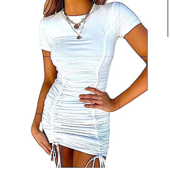O Vianca White crewneck ribbed T-shirt dress with double ruching, front & back - Picture 1 of 14